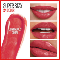 Maybelline liquid color swatch close-up showing pigmentation benefit: vivid coral payoff