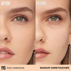 Maybelline Super Stay Lumi‑Matte bottle of shade 115 showing true shade and durable finish