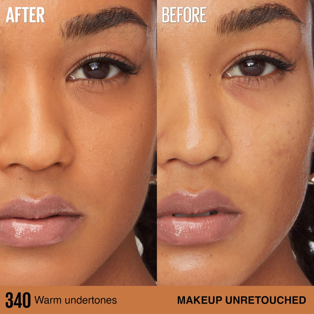 Maybelline before and after face, shows buildable full coverage benefit