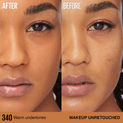 Maybelline before and after face, shows buildable full coverage benefit