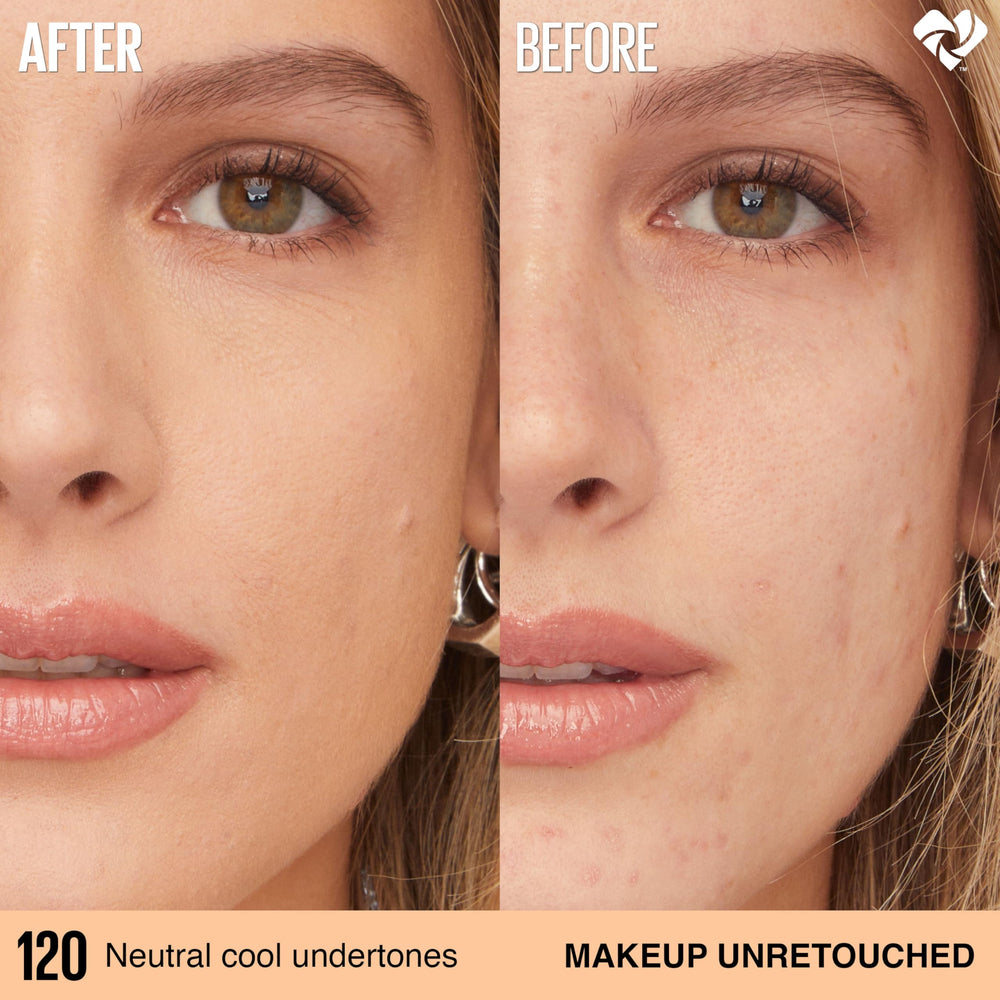 MAYBELLINE before-and-after coverage comparison showing buildable full coverage