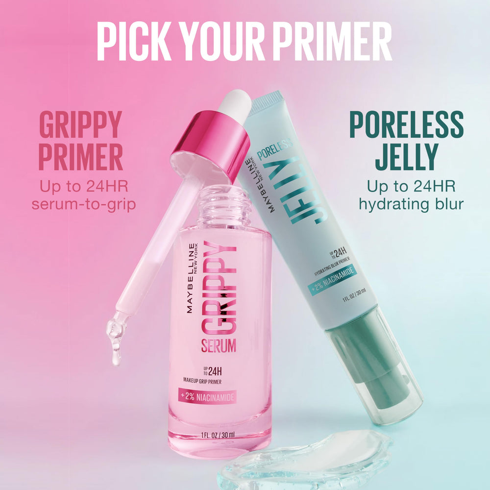 Maybelline primer on bathroom vanity styled with skincare for fresh morning routine benefit