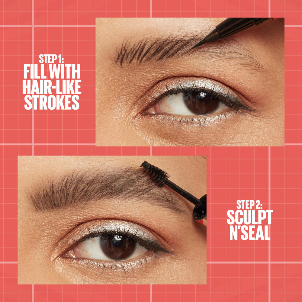 Maybelline precision pen tip close-up drawing hair-like strokes for realistic brows