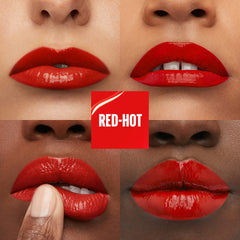 MAYBELLINE red-hot swatch on skin demonstrating true pigment payoff