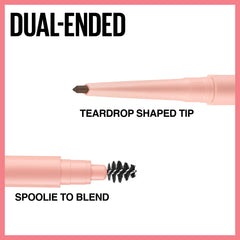 Maybelline pencil size comparison next to hand showing compact travel-ready design benefit