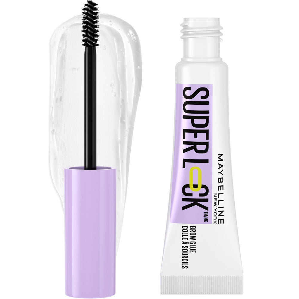 Maybelline Super Lock Brow Glue front packaging showing product benefit