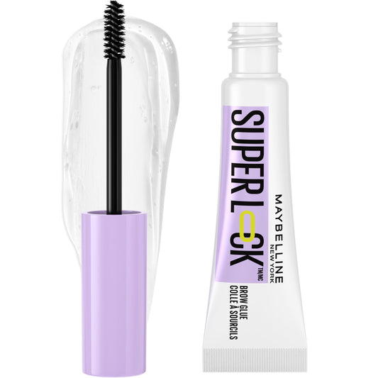 Maybelline Super Lock Brow Glue front packaging showing product benefit