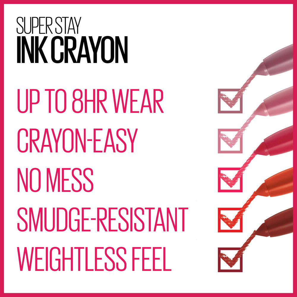 Maybelline SuperStay crayon texture stroke swatches showing rich matte payoff