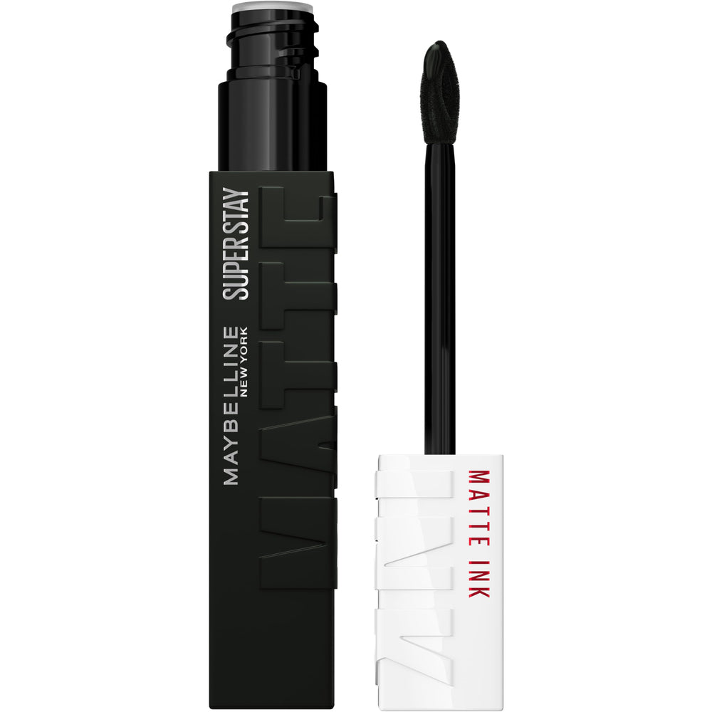 Maybelline SuperStay front packaging showing matte black tube and shade, clear branding and benefit