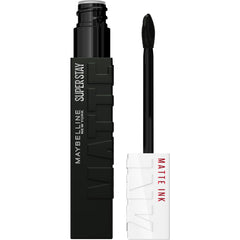 Maybelline SuperStay front packaging showing matte black tube and shade, clear branding and benefit