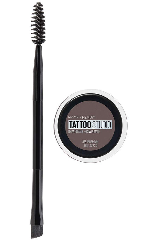 MAYBELLINE front packaging of TattooStudio Brow Pomade showing shade and benefit