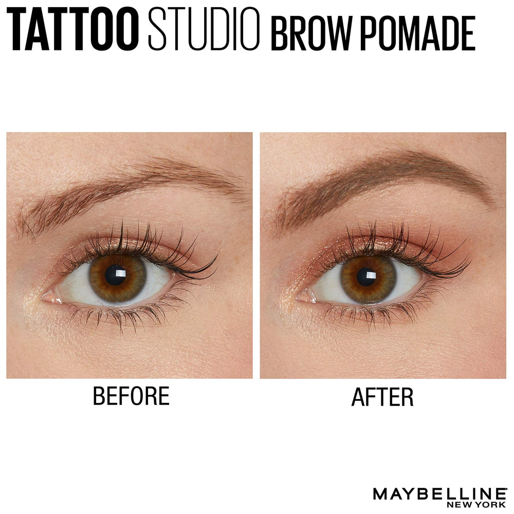 Maybelline TattooStudio blonde pomade swatches showing buildable coverage and natural tones
