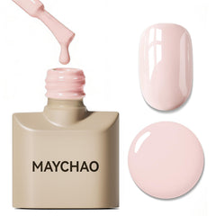 MAYCHAO front bottle view showing baby pink gel polish and clear label benefit glossy finish