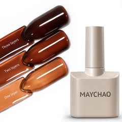 MAYCHAO bottle front showing hot cocoa sheer shade and glossy finish