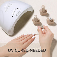 MAYCHAO bottle beside LED lamp illustrating quick curing and salon use
