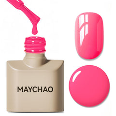 MAYCHAO bottle front view showing bright pink color and label benefit long-lasting shine