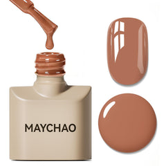 MAYCHAO front bottle view showing caramel shade and packaging benefit