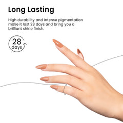 MAYCHAO nail tip swatch illustrating true caramel color and long-lasting shine