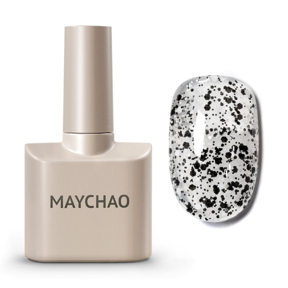 MAYCHAO front bottle showing black eggshell glitter polish and brand for clear identification