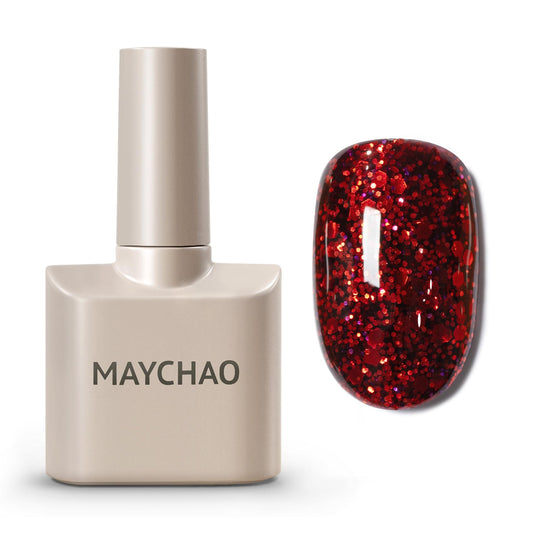 maychao bottle front view showing fiery red glitter and salon-ready shine