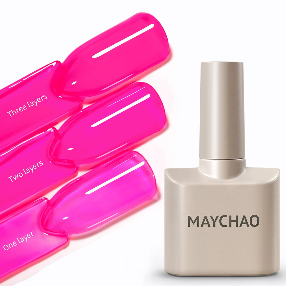 MAYCHAO front bottle showing jelly hot pink color and glossy benefit