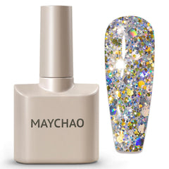 MAYCHAO front bottle showing stellar glitter gel polish for easy identification and vibrant color