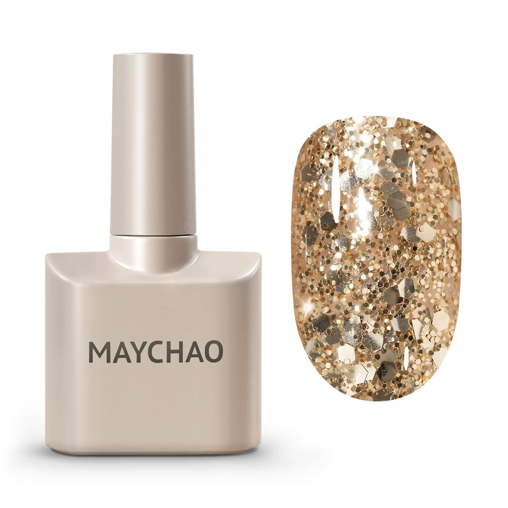 MAYCHAO front bottle showing gold glitter finish and product benefit