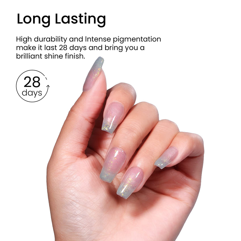 maychao cured nail close-up showing long-lasting green shimmer and shine