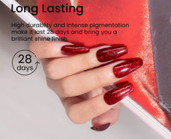maychao hand model with cured fiery red glitter swatch for style inspiration