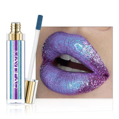Maydear lipstick front packaging showing bold blue-purple metallic finish and vibrant color
