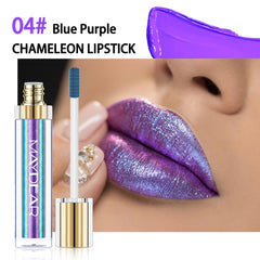 Maydear lipstick in use on model showing dramatic blue-purple multichrome effect