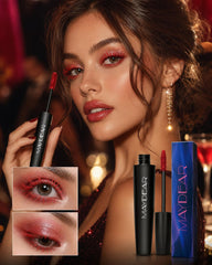 Maydear red mascara swatch stroke on white showing rich pigment and smooth application