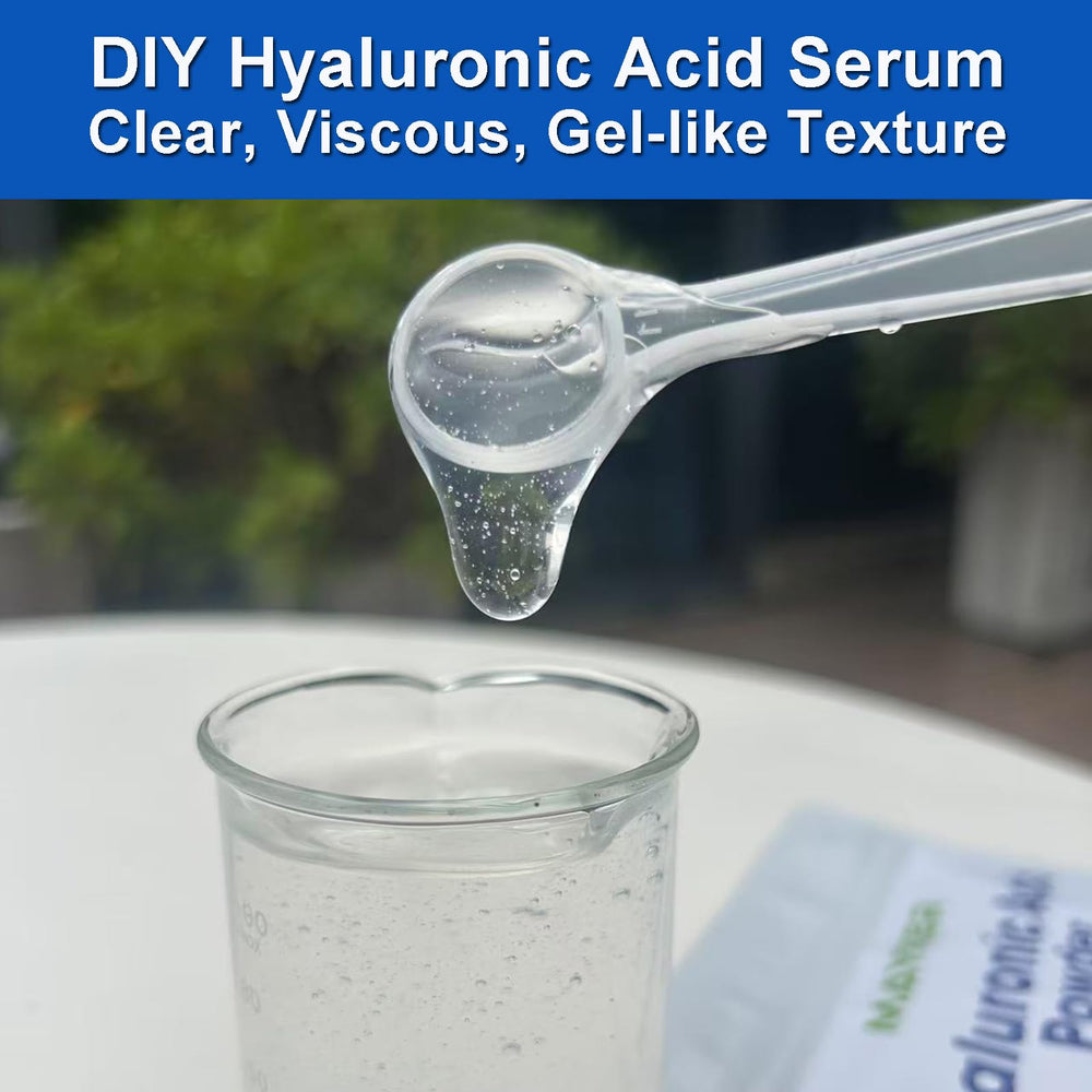 MAYKER clear hyaluronic serum poured into glass showing viscous gel benefit