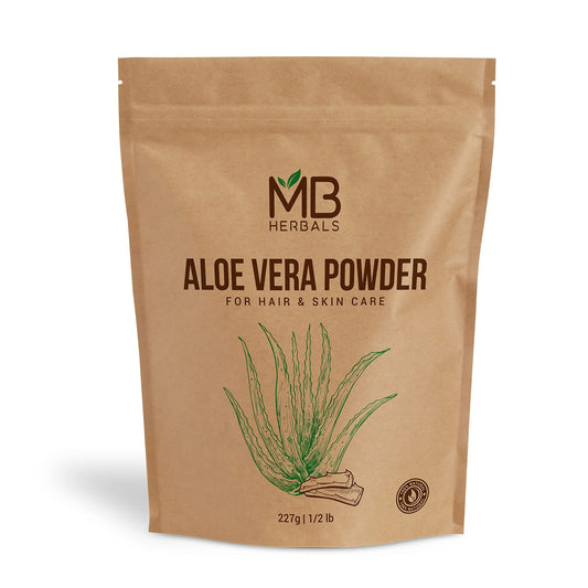 MB Herbals front packaging showing 8 oz aloe powder and clear labeling for DIY skincare benefits