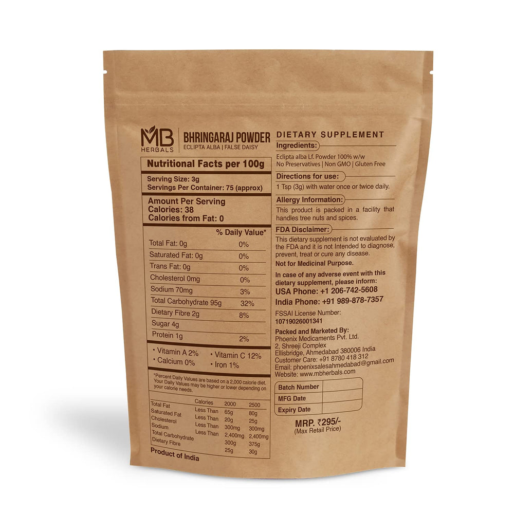 MB Herbals close-up of finely milled Bhringraj powder in bowl showing texture and mixability