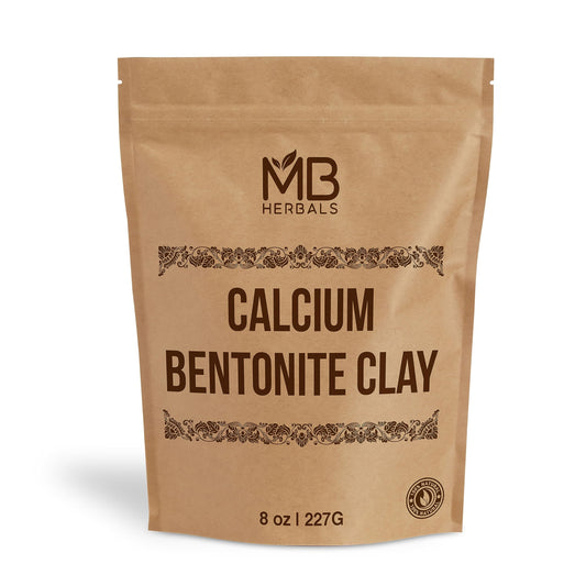 MB Herbals front packaging of calcium bentonite clay, clear labeling and benefit