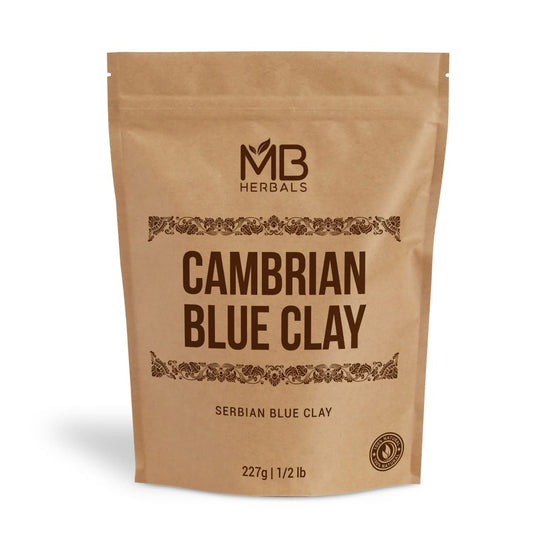 MB Herbals pouch of Cambrian blue clay showing packaging and purity benefits