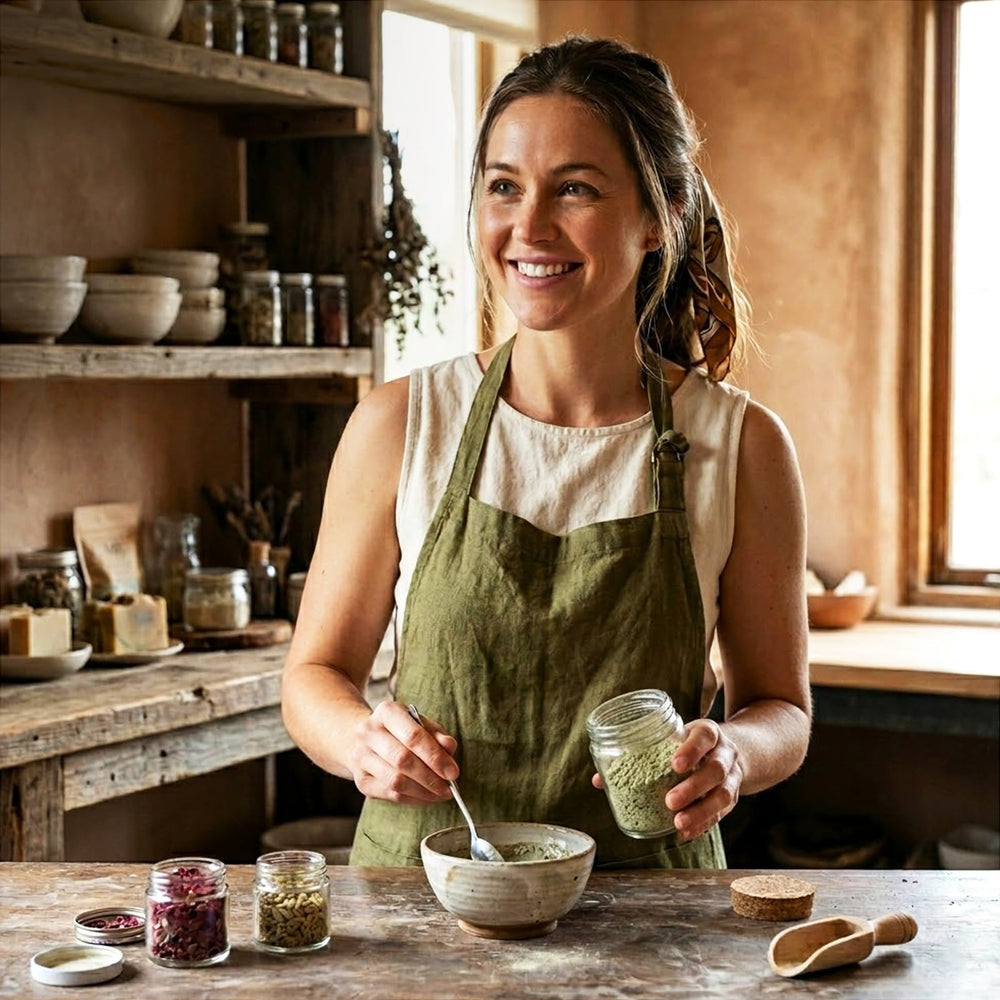 MB Herbals clay applied on a model's cheek demonstrating easy spread and calming look