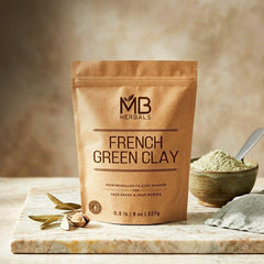 MB Herbals clay in bathroom setting, natural detoxifying skin routine
