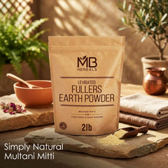 MB Herbals powder close-up showing fine Multani Mitti texture for smooth mixing