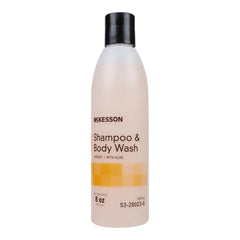 McKesson front label on 8 oz bottle showing apricot scent and two-in-one benefit
