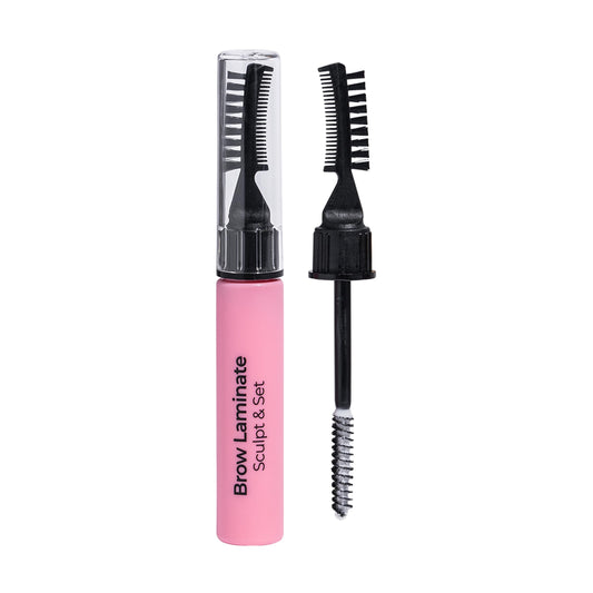 MCoBeauty brow kit front packaging showing contents and sleek design benefit: easy grooming