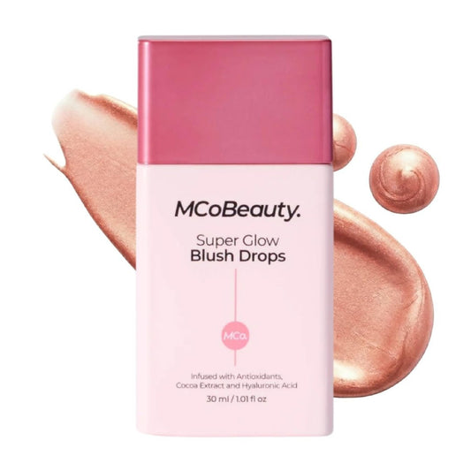 MCoBeauty front packaging showing peachy pink blush drops and sleek bottle benefit: clear presentation