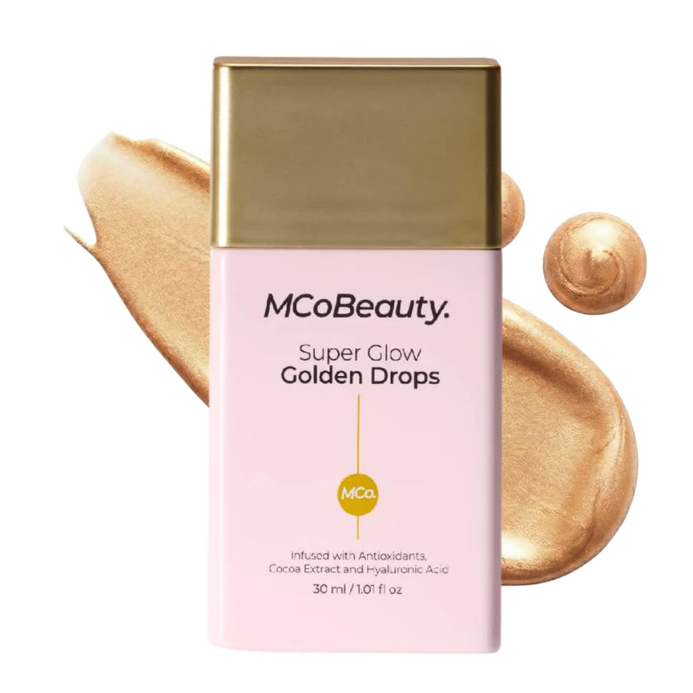 MCoBeauty front packaging showing golden dropper bottle and brand benefit