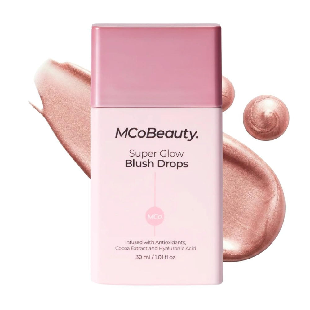 MCoBeauty bottle front view showing blush drops and elegant packaging benefit: easy identification