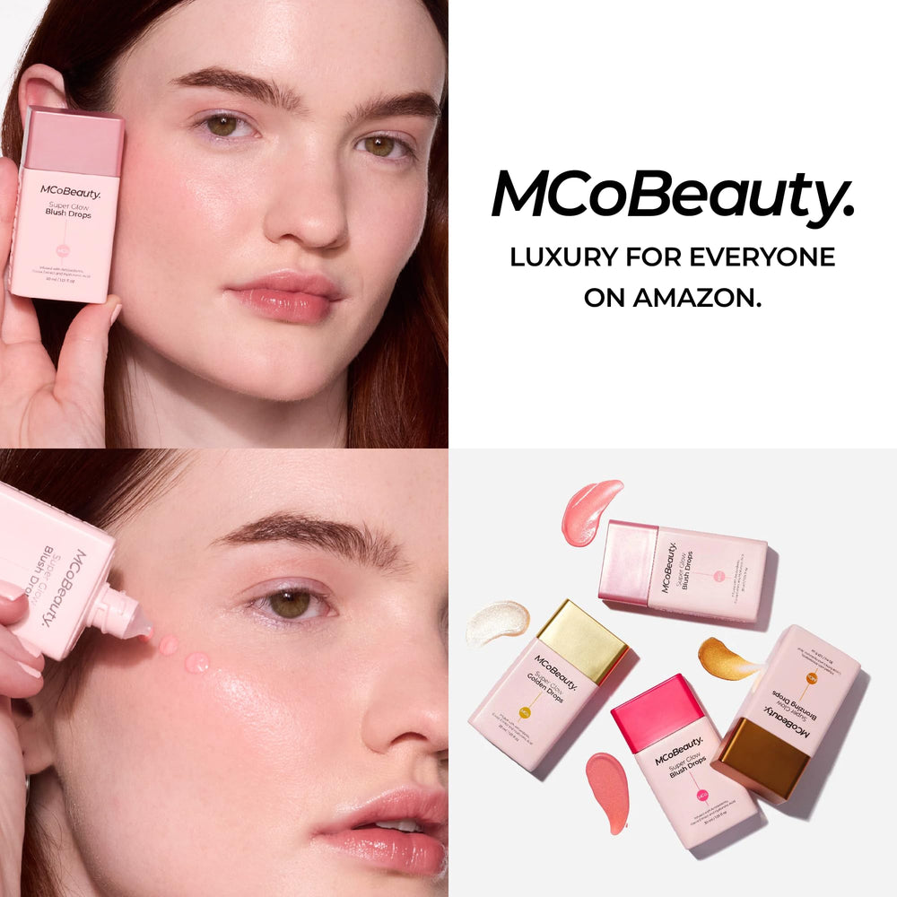 MCoBeauty drops staged on vanity with makeup tools showing everyday routine integration benefit