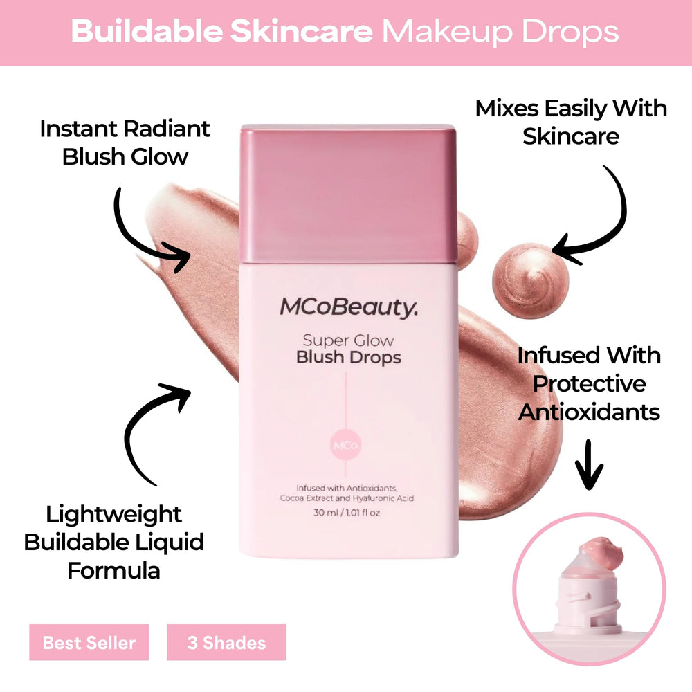 MCoBeauty liquid texture swirled on surface showing buildable consistency and luminous finish benefit