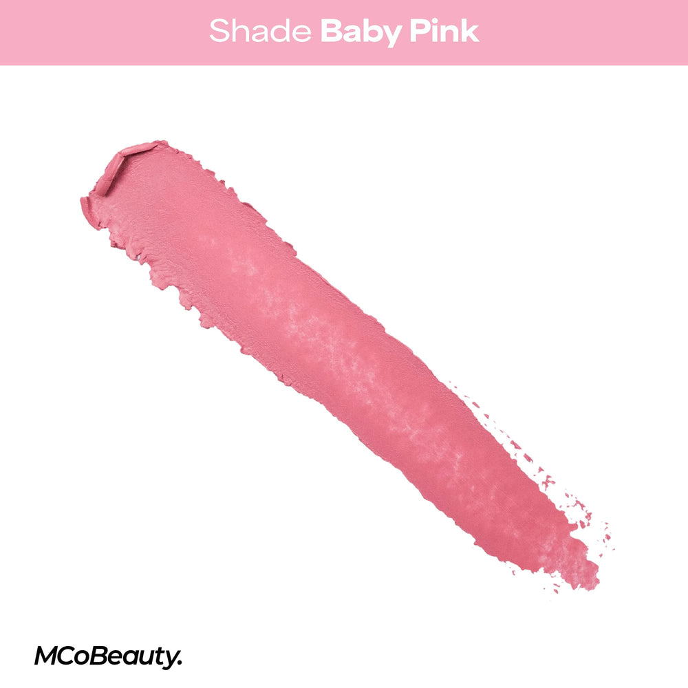MCoBeauty lip swatch of Baby Pink offering coordinated cheek and lip tint
