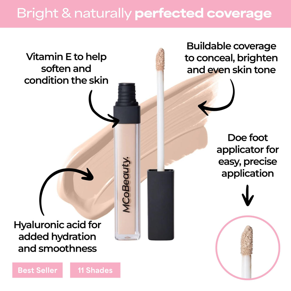 MCoBeauty creamy concealer swatch texture showing blendable finish and hydrating formula benefits
