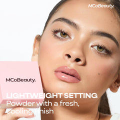 MCoBeauty Light powder opened with mesh sifter visible, demonstrating controlled product release